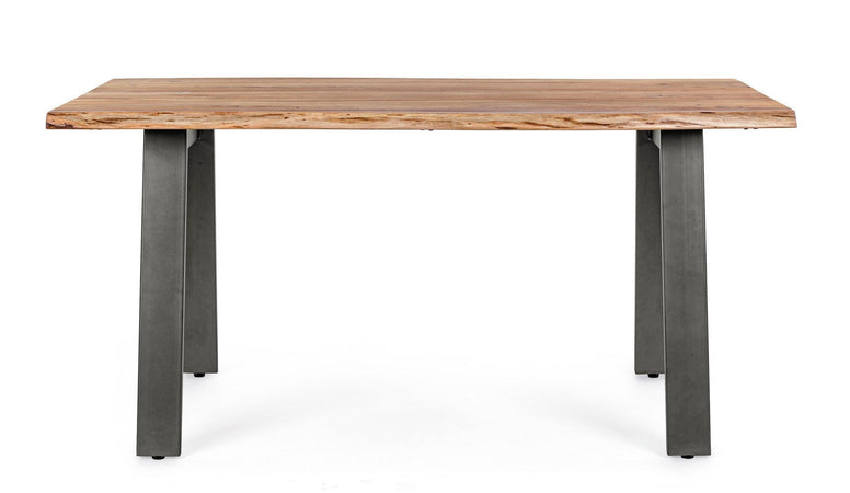 Tavolo Aron rettangolare, con gambe in acciaio, piano in legno di acacia, stile moderno