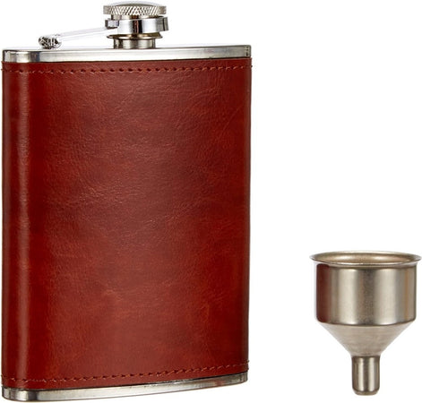 Fiaschetta In Acciaio Inox Foderata In Pelle Imbuto Incluso Per Liquori Whisky