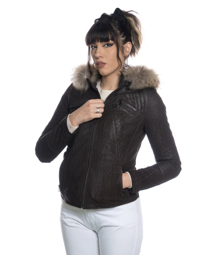 Michelina Cap - Giacca Donna con Cappuccio Testa di Moro Nabuk Effetto Graffiato