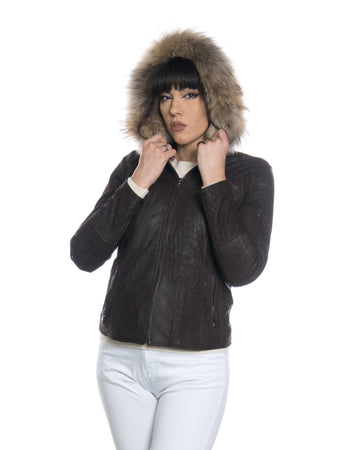 Michelina Cap - Giacca Donna con Cappuccio Testa di Moro Nabuk Effetto Graffiato
