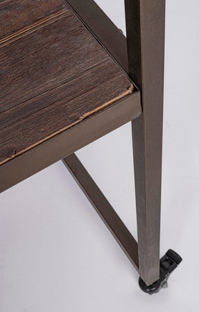 Tavolo espositore con tetto, struttura in acciaio, piano in legno, ruote in gomma