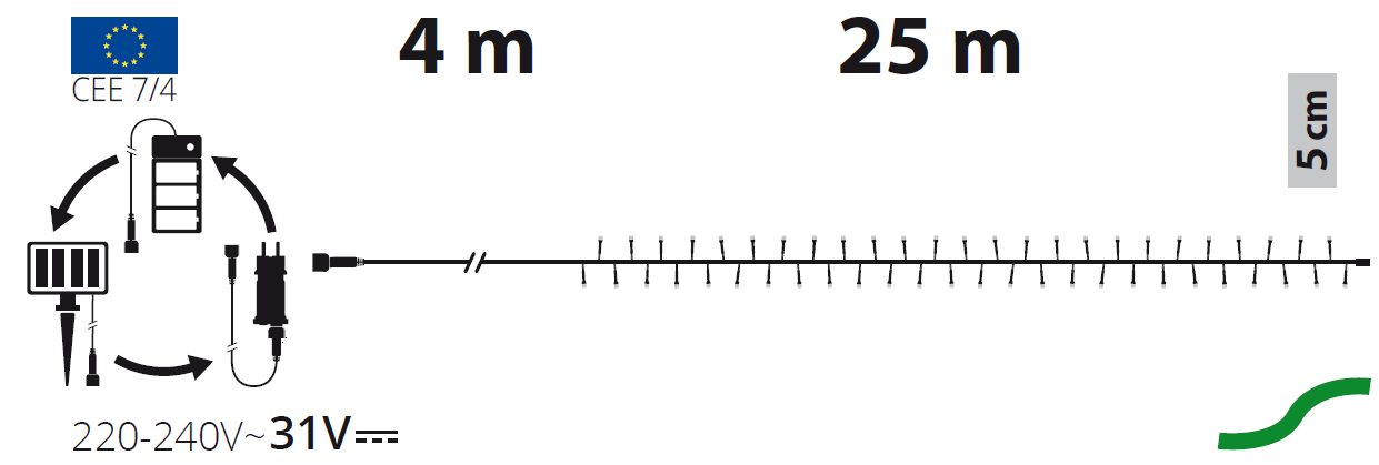 Catena di luci bianco caldo a pannello solare con trasformatore e portabatterie