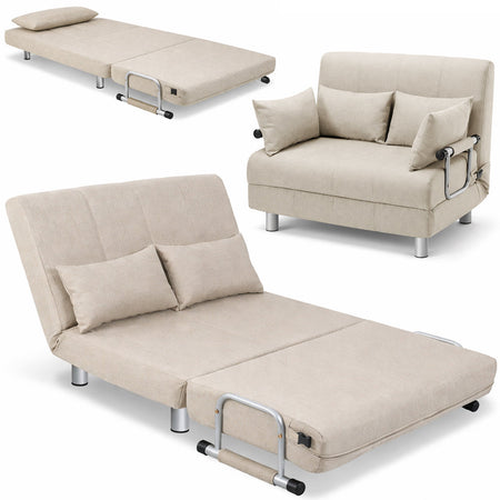 Divano Poltrona Letto 2 Posti Schienale Reclinabile in Metallo e Tessuto Salvaspazio Crema