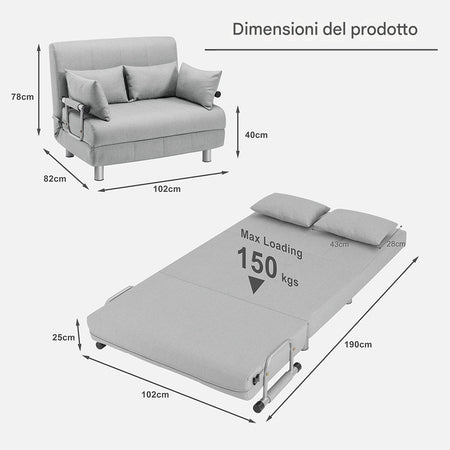 Divano Poltrona Letto 2 Posti Schienale Reclinabile in Metallo e Tessuto Salvaspazio Grigio