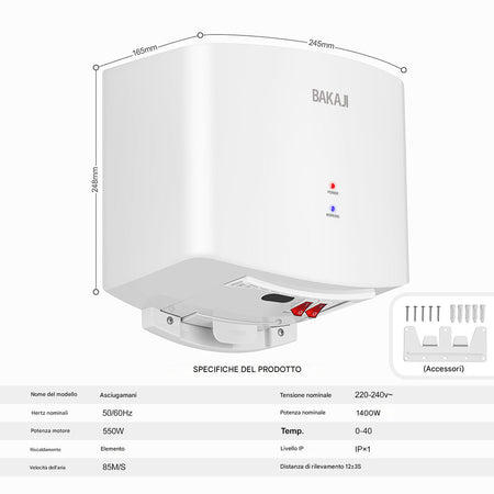 Asciugamani Elettrico Automatico 1400W Aria Calda e Fredda a Parete Bagno