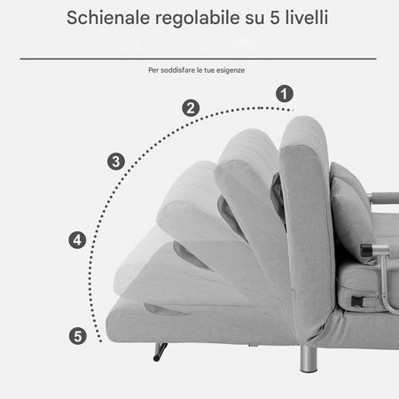 Divano Poltrona Letto 2 Posti Schienale Reclinabile in Metallo e Tessuto Salvaspazio Grigio