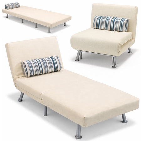 Poltrona Letto 1 Posto Schienale Reclinabile in Metallo e Tessuto 75x73x73 Salvaspazio Crema