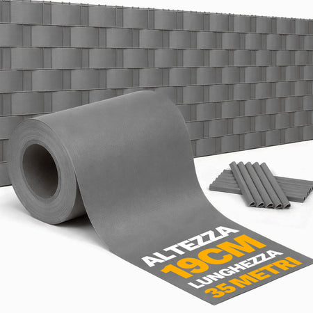 Telo Frangivista in Pvc 19cm x 35mt Oscurante Anti UV per Balcone Giardino Terrazzo Grigio