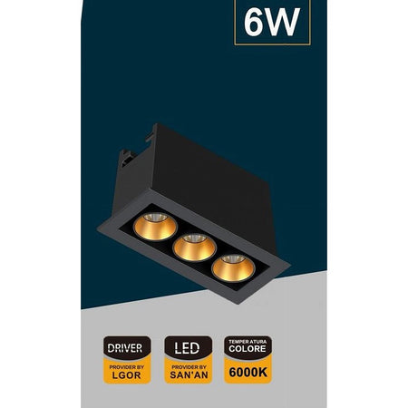 Faretto Led Rettangolare Nero Da Incasso 6 W Luce Naturale Fredda Calda Xtd-3-n