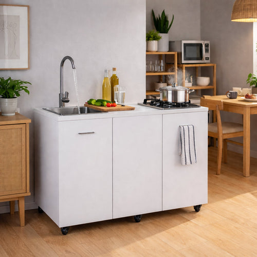 Mini Cucina Completa 120x60 Salvaspazio con 2 Fuochi Gas Lavello Acciaio e Ruote Bianco