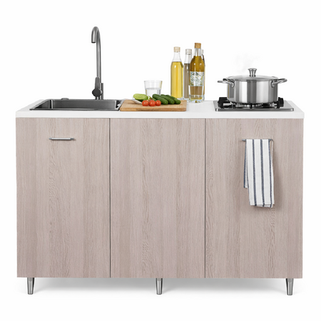Mini Cucina Completa 120x60 Salvaspazio con 2 Fuochi Gas Lavello Acciaio e Ruote Olmo