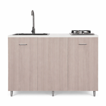 Mini Cucina Completa 120x60 Salvaspazio con 2 Fuochi Gas Lavello Acciaio e Ruote Olmo
