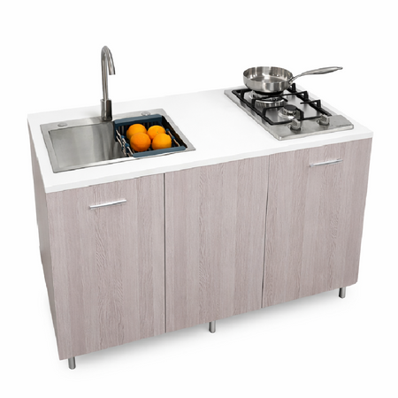 Mini Cucina Completa 120x60 Salvaspazio con 2 Fuochi Gas Lavello Acciaio e Ruote Olmo