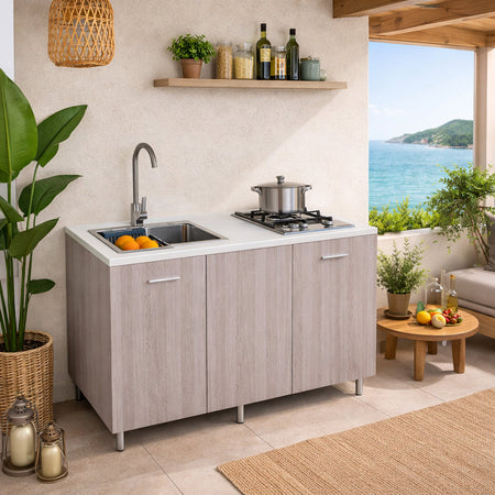Mini Cucina Completa 120x60 Salvaspazio con 2 Fuochi Gas Lavello Acciaio e Ruote Olmo