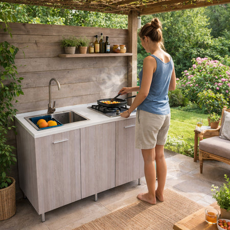 Mini Cucina Completa 120x60 Salvaspazio con 2 Fuochi Gas Lavello Acciaio e Ruote Olmo