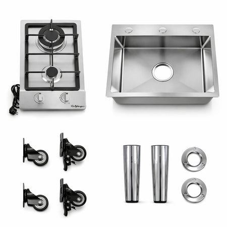 Mini Cucina Completa 120x60 Salvaspazio con 2 Fuochi Gas Lavello Acciaio e Ruote Olmo