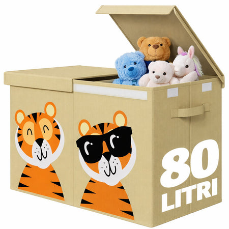 Contenitore Box 2 Scomparti Porta Giocattoli Pieghevole con Coperchio 80LT Organizer Beige