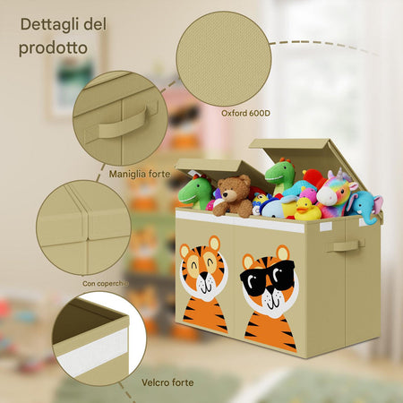 Contenitore Box 2 Scomparti Porta Giocattoli Pieghevole con Coperchio 80LT Organizer Beige
