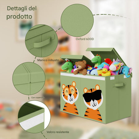 Contenitore Box 2 Scomparti Porta Giocattoli Pieghevole con Coperchio 80LT Organizer Verde