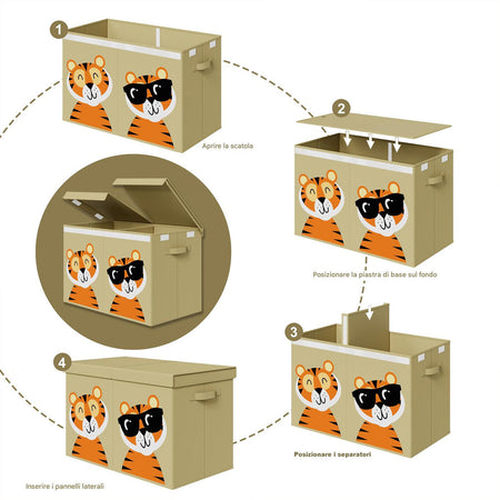Contenitore Box 2 Scomparti Porta Giocattoli Pieghevole con Coperchio 80LT Organizer Beige