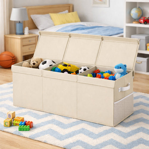 Contenitore Box 3 Scomparti Porta Giocattoli Pieghevole con Coperchio 118LT Organizer Beige