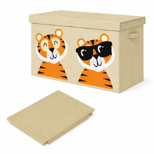 Contenitore Box 2 Scomparti Porta Giocattoli Pieghevole con Coperchio 80LT Organizer Beige