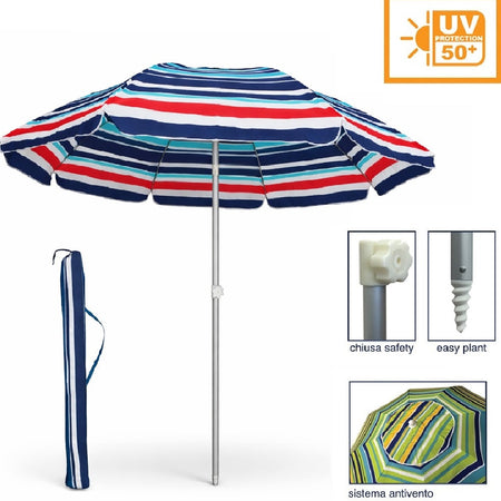 Ombrellone Mare Spiaggia 200 cm Antivento Alluminio UV50+ Inclinabile con Custodia e Trivella