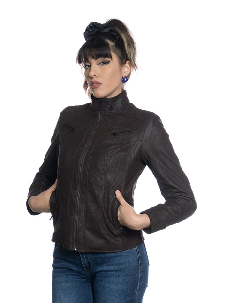 V174 - Biker Donna in vera pelle Nabuk effetto Graffiato