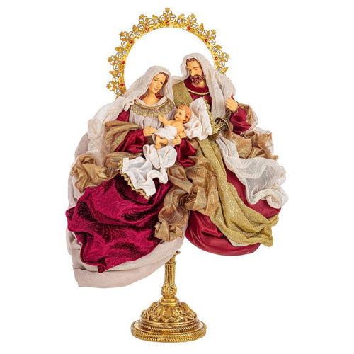 Sacra famiglia fastosa con vestiti in tessuto colore bordeaux statue per presepe h 53 cm