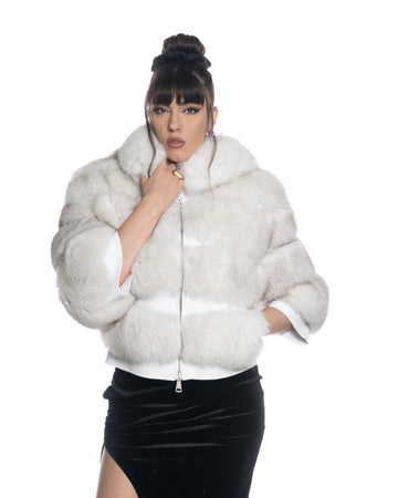 Alice Bis - Giacca Donna Bianca in vera pelliccia con Inserti Bianchi