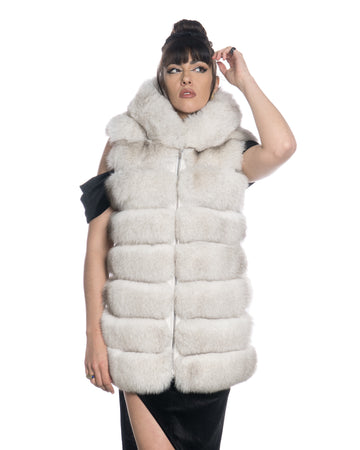 Arianna - Smanicato Donna Bianco in vera pelliccia di volpe con cappuccio