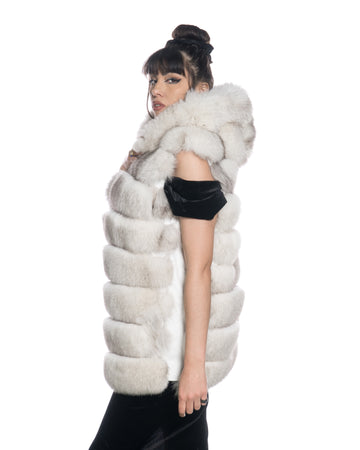 Arianna - Smanicato Donna Bianco in vera pelliccia di volpe con cappuccio