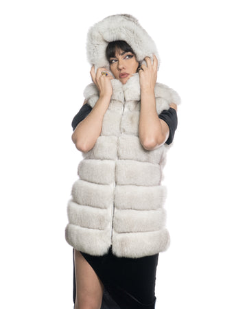 Arianna - Smanicato Donna Bianco in vera pelliccia di volpe con cappuccio
