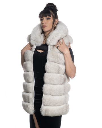 Arianna - Smanicato Donna Bianco in vera pelliccia di volpe con cappuccio