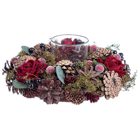 Portacandela Rosso decorativo "Mary" con pigne e legnetti per decorazioni natalizie