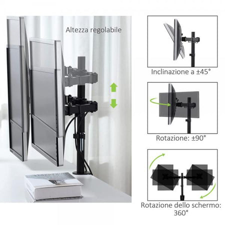 Supporto da Scrivania per 2 Monitor 13-27'' Diametro 48 mm ad Altezza Regolabile con Morsetto a C