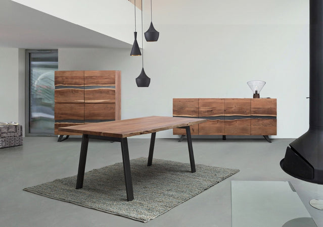 Tavolo Aron rettangolare, con gambe in acciaio, piano in legno di acacia, stile moderno