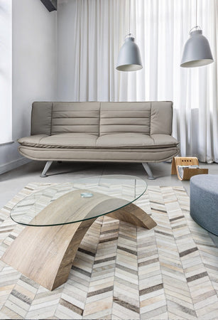 Tavolino "Kenya" ovale gambe in MDF e paino in vetro per interni