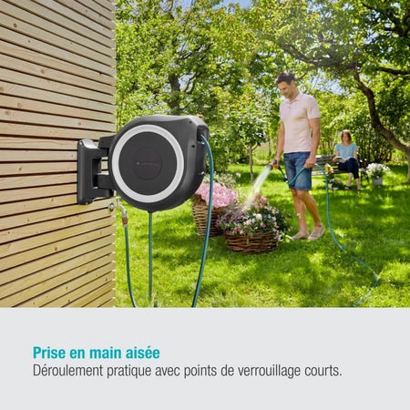 GARDENA Avvolgitubo automatico da parete RollUp M / L 25 m con bordo bianco