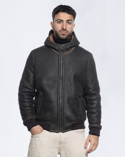 Carlo - Bomber Uomo in Shearling Testa di Moro con Cappuccio