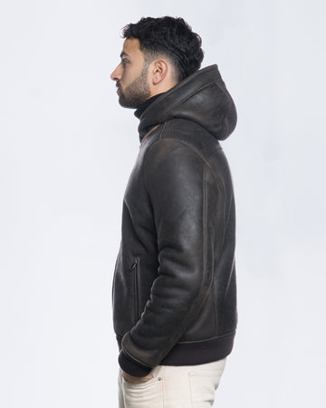 Carlo - Bomber Uomo in Shearling Testa di Moro con Cappuccio