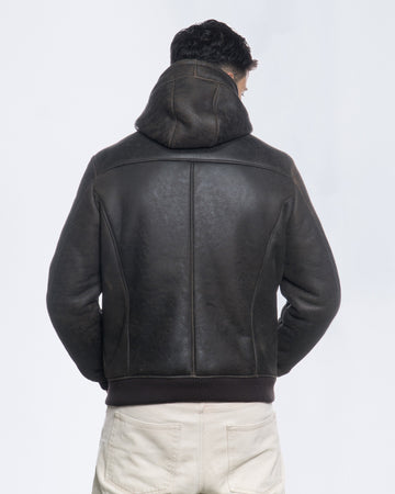 Carlo - Bomber Uomo in Shearling Testa di Moro con Cappuccio