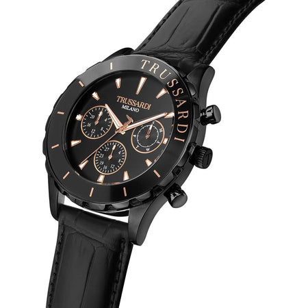 Orologio TRUSSARDI uomo T-logo cronografo pelle total black