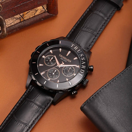 Orologio TRUSSARDI uomo T-logo cronografo pelle total black