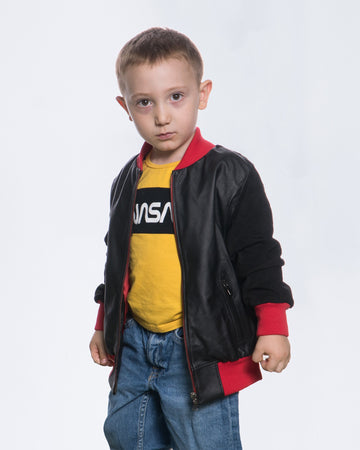 Davide - Bomber Bambino Nero in vera pelle con Dettagli Rossi