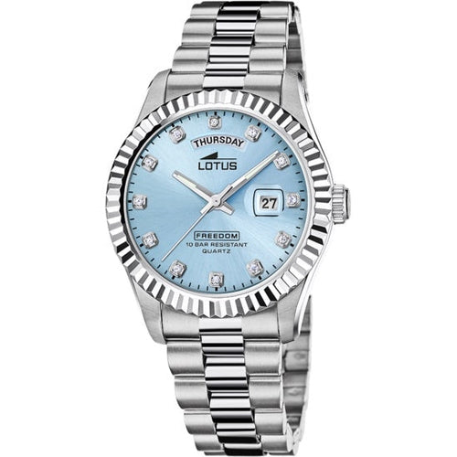 LOTUS WATCHES Mod. FREEDOM Day Date LIGHT BLUE, CRYSTAL INDEXES