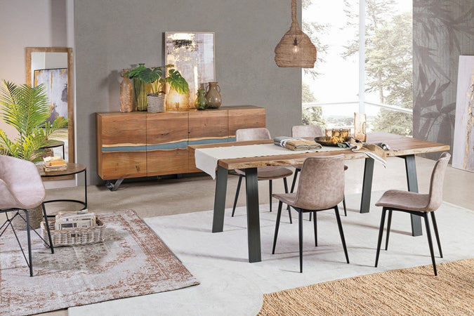 Tavolo Aron rettangolare, con gambe in acciaio, piano in legno di acacia, stile moderno