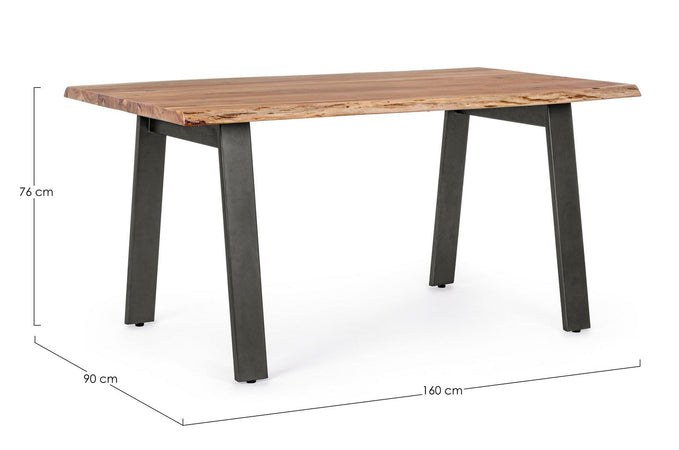 Tavolo Aron rettangolare, con gambe in acciaio, piano in legno di acacia, stile moderno