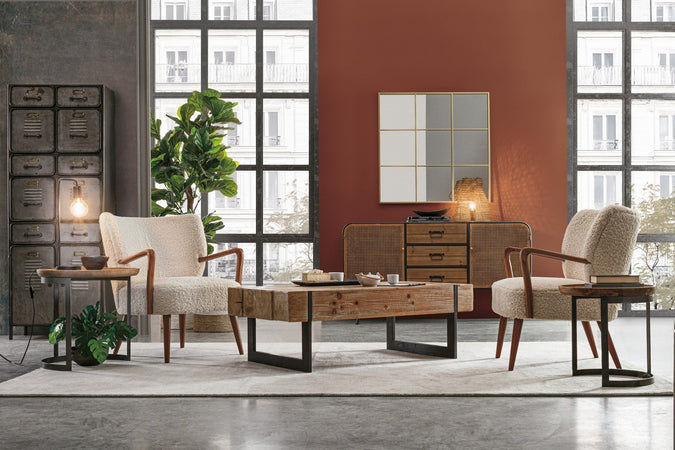 Tavolino "Narvik" struttura in acciaio e piano in legno di mango per interni