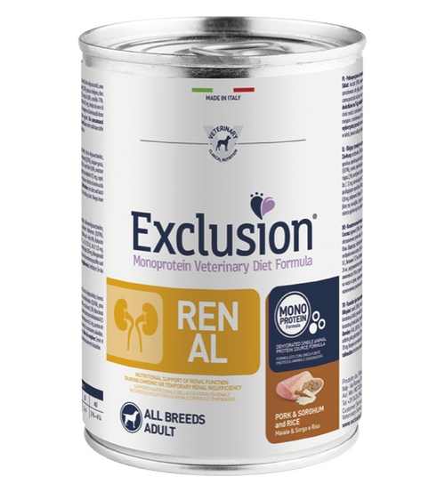 Exclusion Renal paté Cani Adulti All Breeds maiale e riso 400 gr